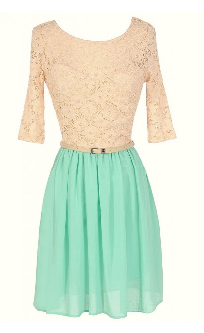 Dawn Til Dusk Belted Lace and Chiffon Dress in Mint